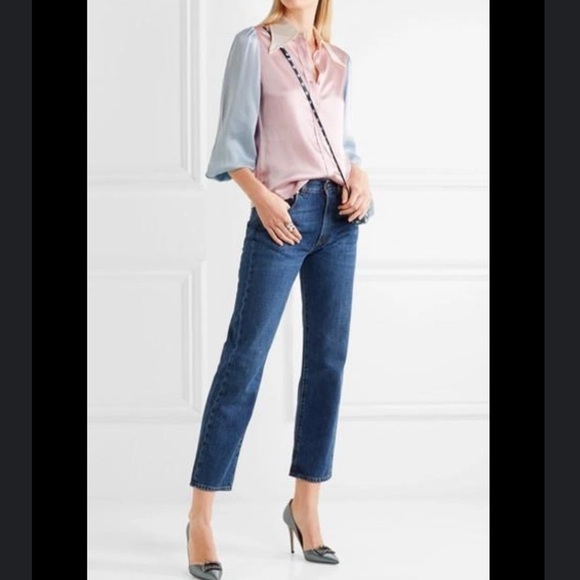 AlexaChung Pink Blue Pointed Collar Color Block Pastel Satin Shirt US 8 - Picture 10 of 13